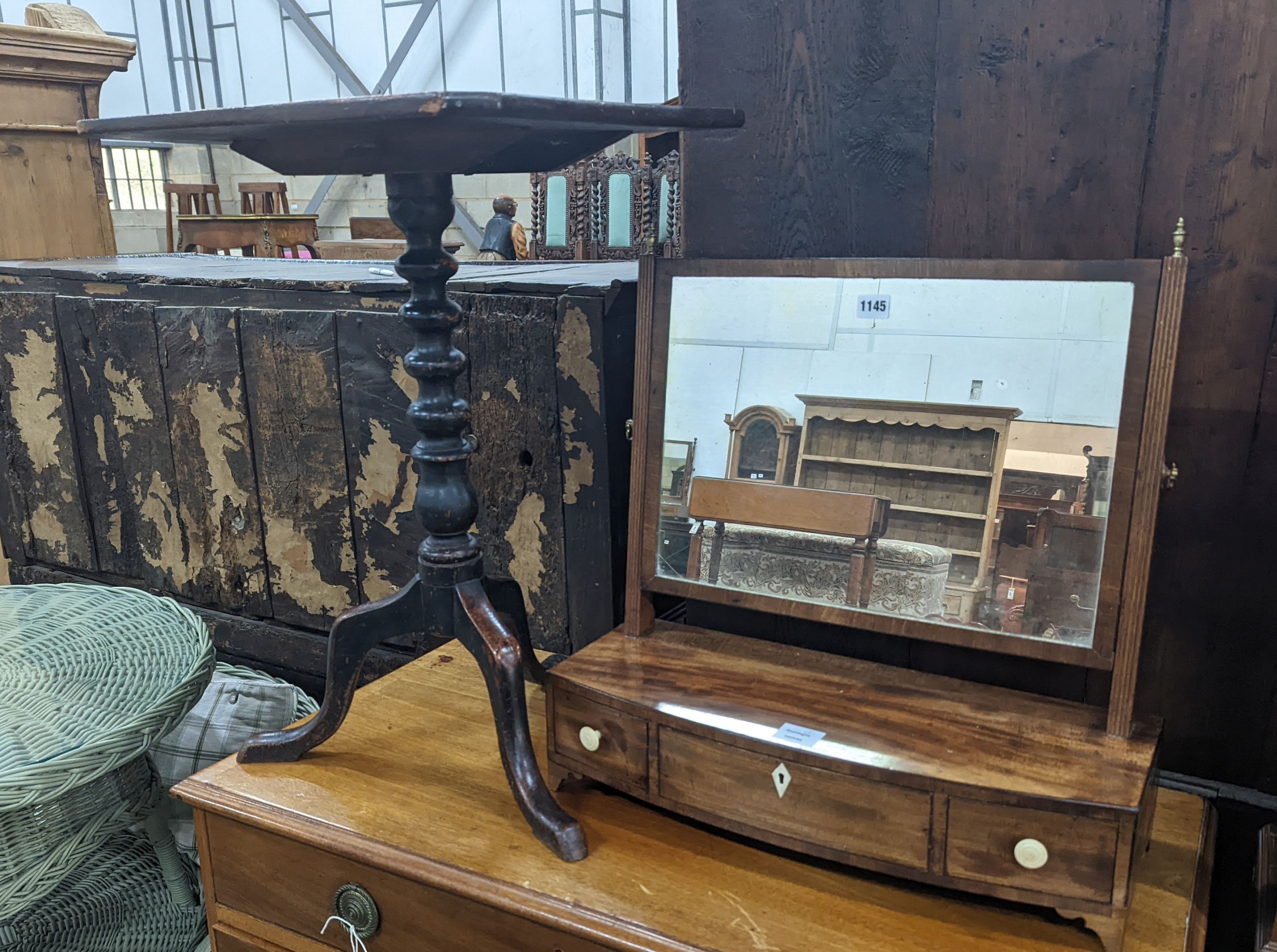 A Regency mahogany bow fronted toilet mirror, width 57cm, height 60cm together with a Regency mahogany tripod wine table